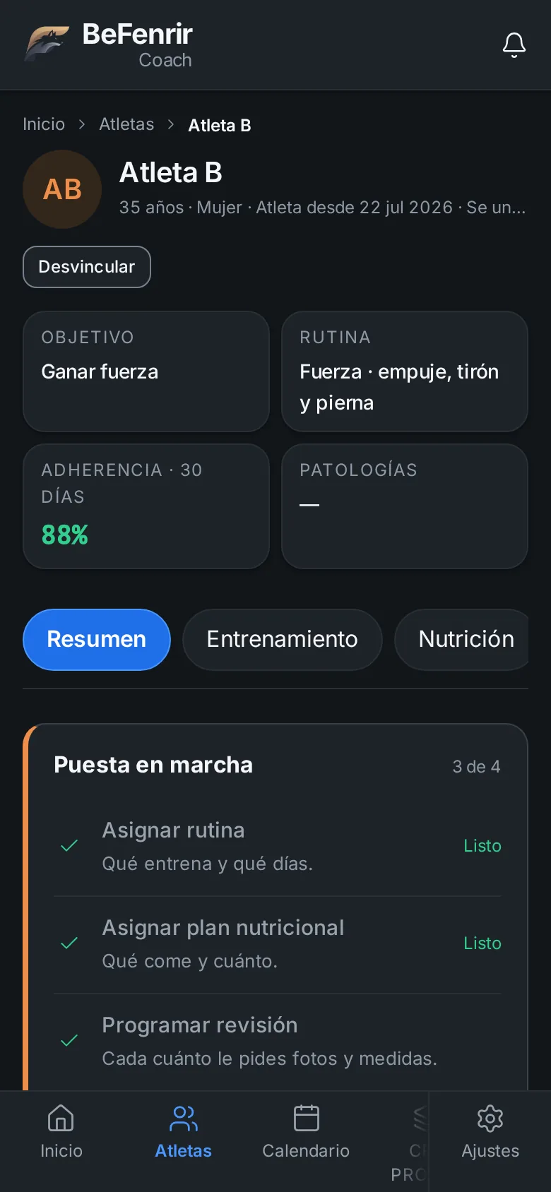 Ficha de un atleta con su entreno, su nutrición y su progreso