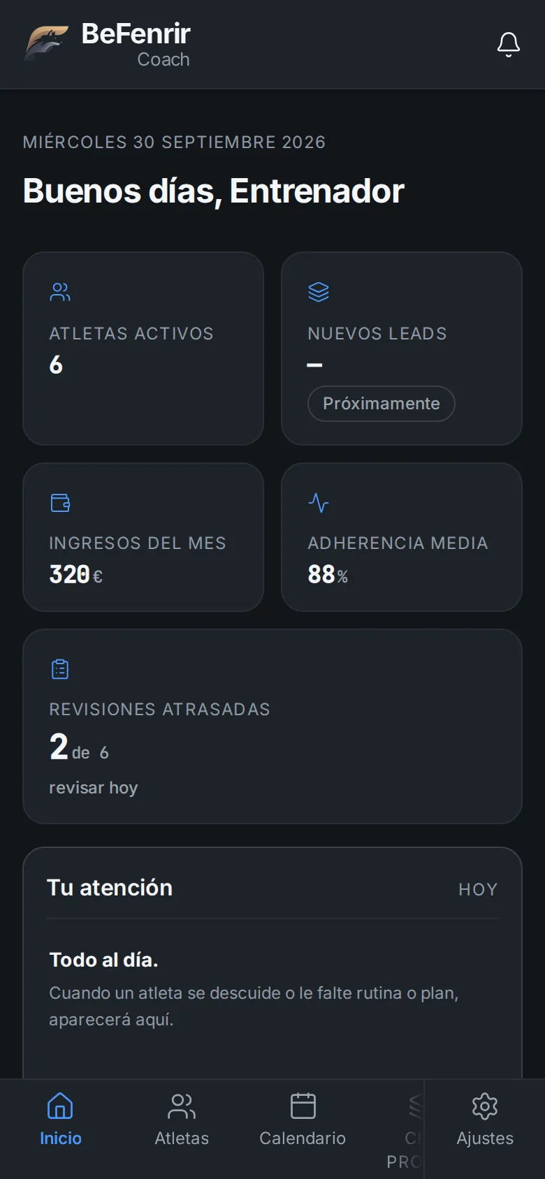 Inicio del entrenador con sus atletas y revisiones pendientes