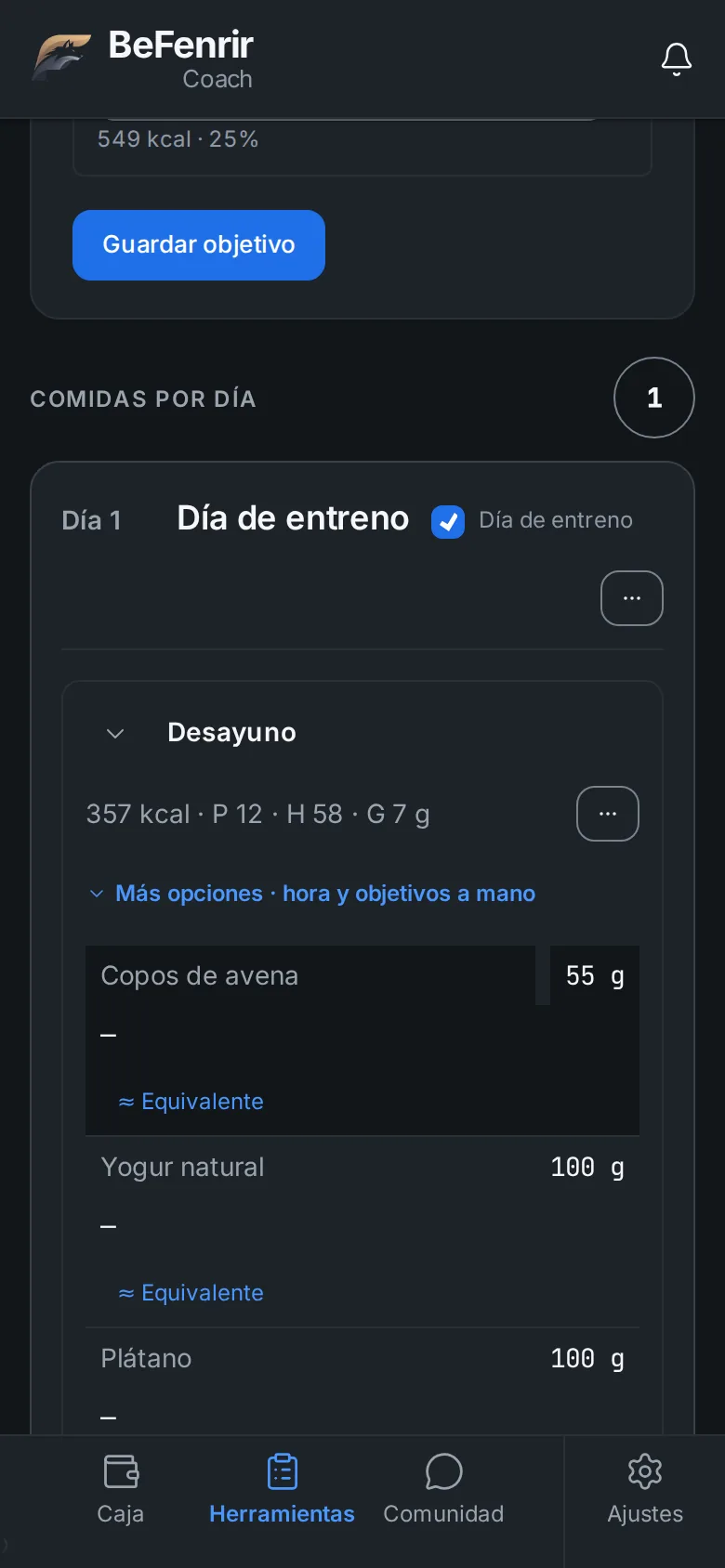 Plan nutricional con comidas, alimentos y macros