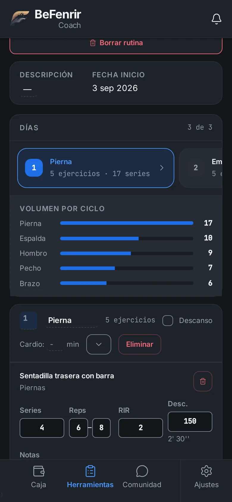 Editor de rutina con series, repeticiones y RIR